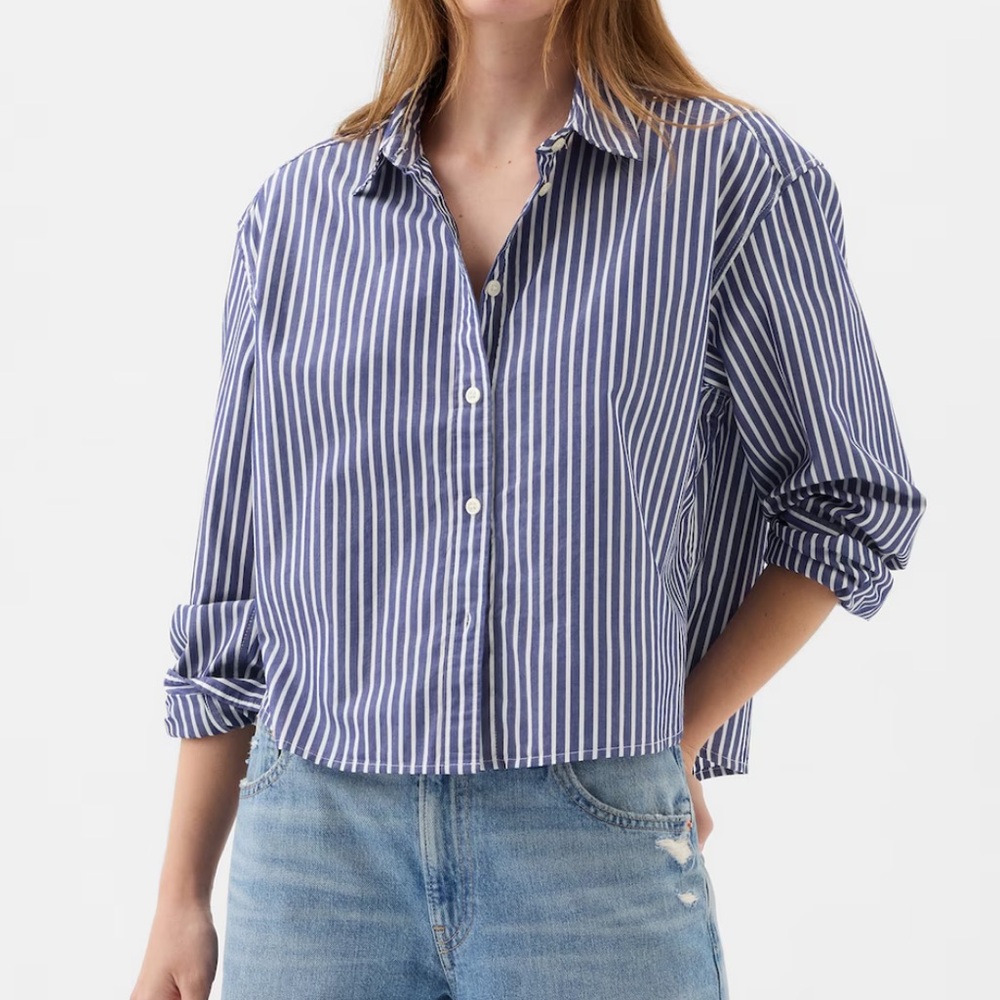 GAP Navy and White Vertical Stripe Cropped Button-Down Shirt